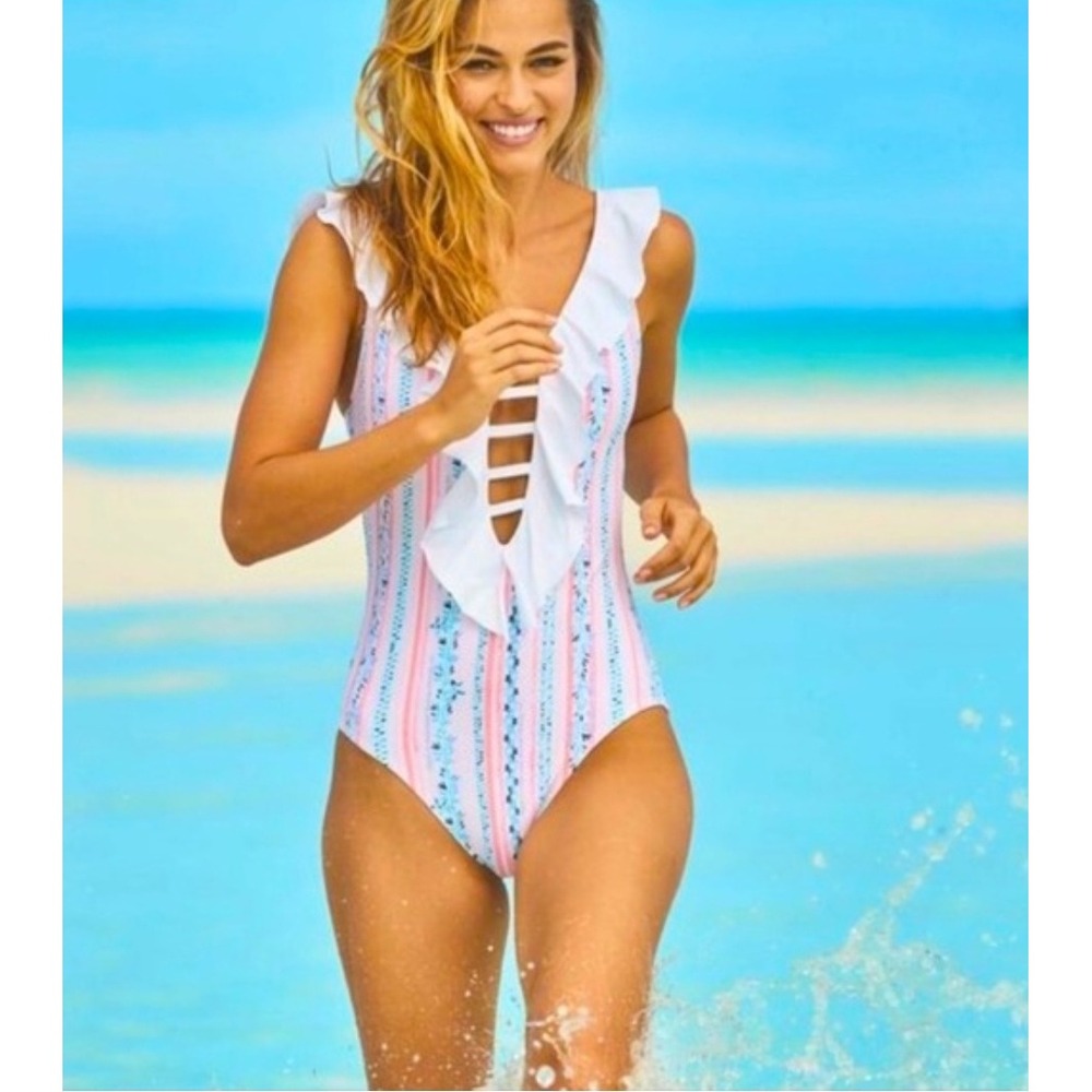 Lilly Pulitzer Ruffle V-Neck One Piece Swimsuit Floral Stripe Pink Blue Size 12